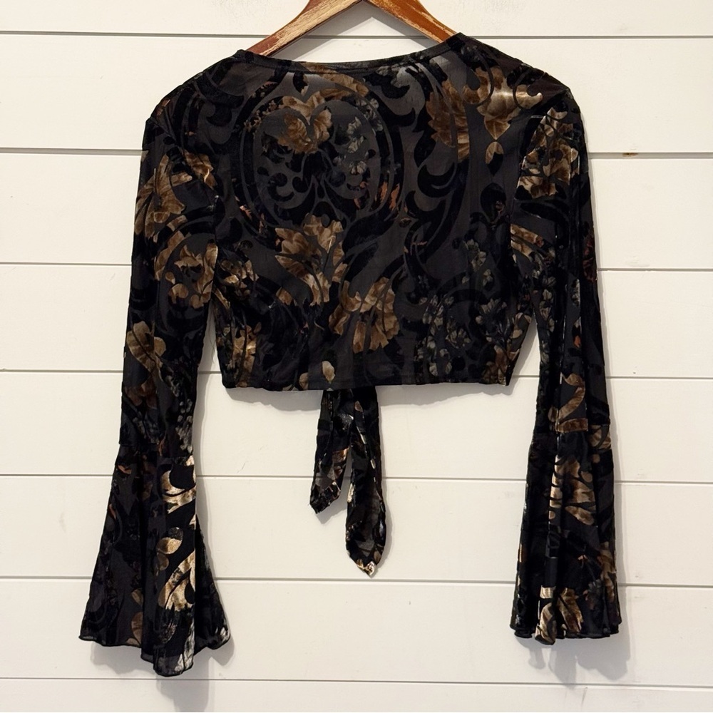 Wet Seal Black Y2K Sheer Burnout Floral Tie-Front Blouse w/ Bell Sleeves small - Picture 2 of 7